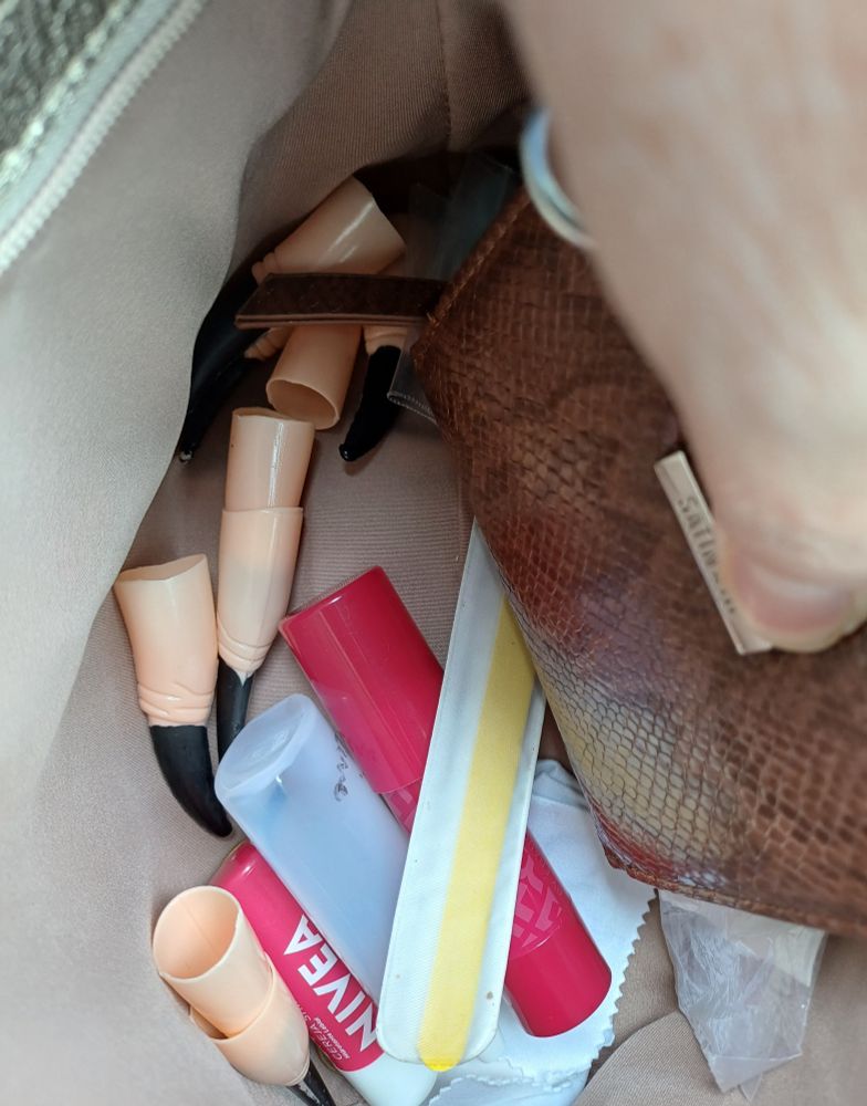 Foto de dentro da minha bolsa com carteira, lixa de unha, batons Neosoro e pontas de dedos de bruxa