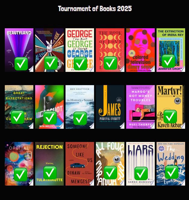 A graphic with the books in the Tournament of Books 2025, with check marks over most of the books including: Beautyland, The Book Censor’s Library, The Book of George, The Book of Love, The Extinction of Irena Rey, Great Expectations, Headshot, The History of Sound, Martyr!, Orbital, Rejection, All Fours, Liars, and The Wedding People. Books without check marks are: Colored Television, James, Margo’s Got Money Troubles, and Someone Like Us.
