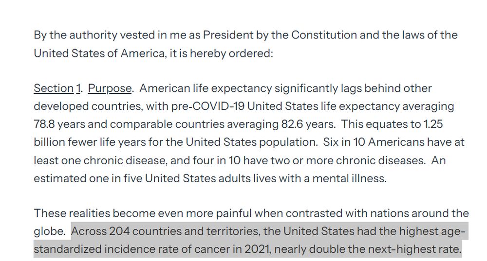 Screen shot of the "Make America Healthy Again" Commission Executive Action from whitehouse.gov with the following sentence highlighted: Across 204 countries and territories, the United States had the highest age-standardized incidence rate of cancer in 2021, nearly double the next-highest rate.