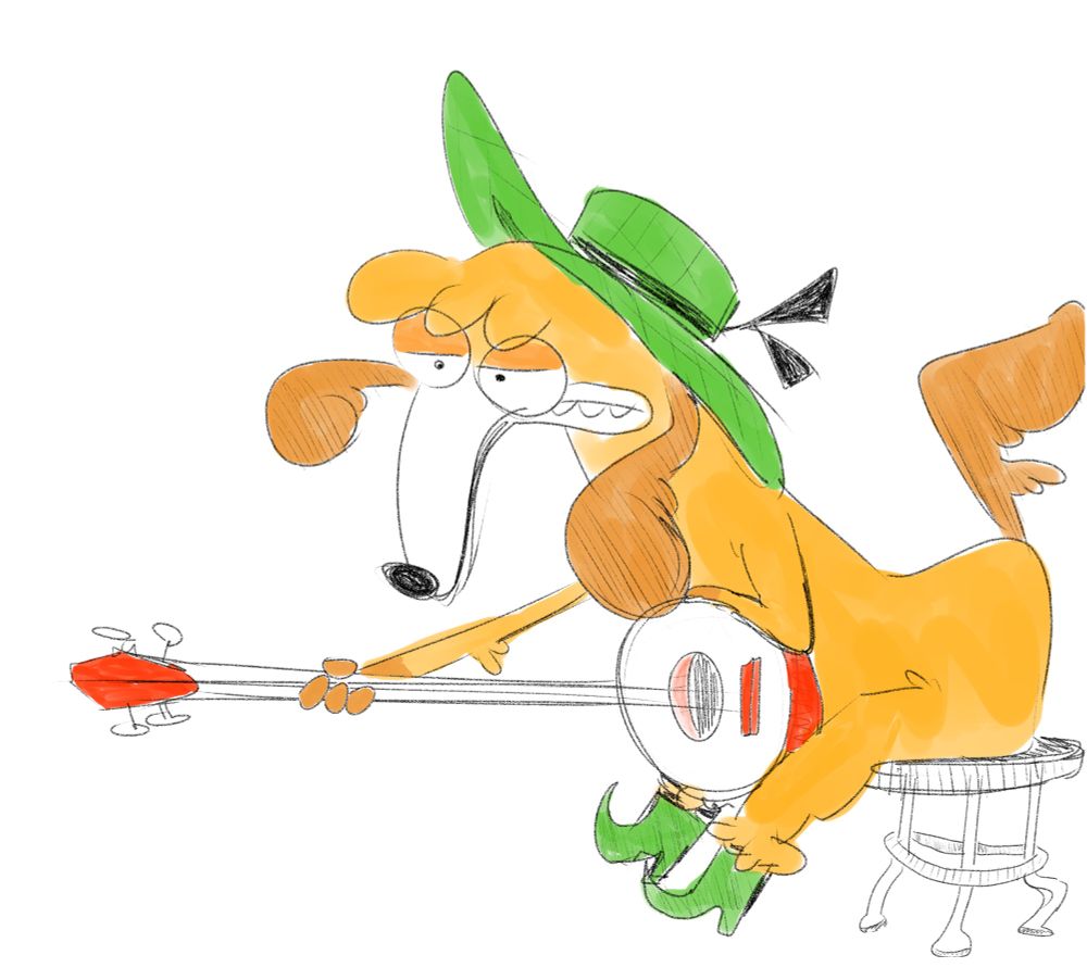 An orangey-brown cartoon dog with long features, wearing a green wide-brim hat and boots, sits on a stool holding a banjo.  He’s a friend of Soft Serve, my blue dog character