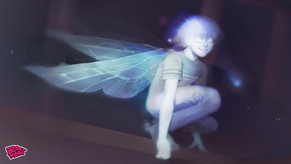 Illustration depicting a spectral figure with bug-like wing, sitting on ledge.  The Illustration is emulating night flash photography 