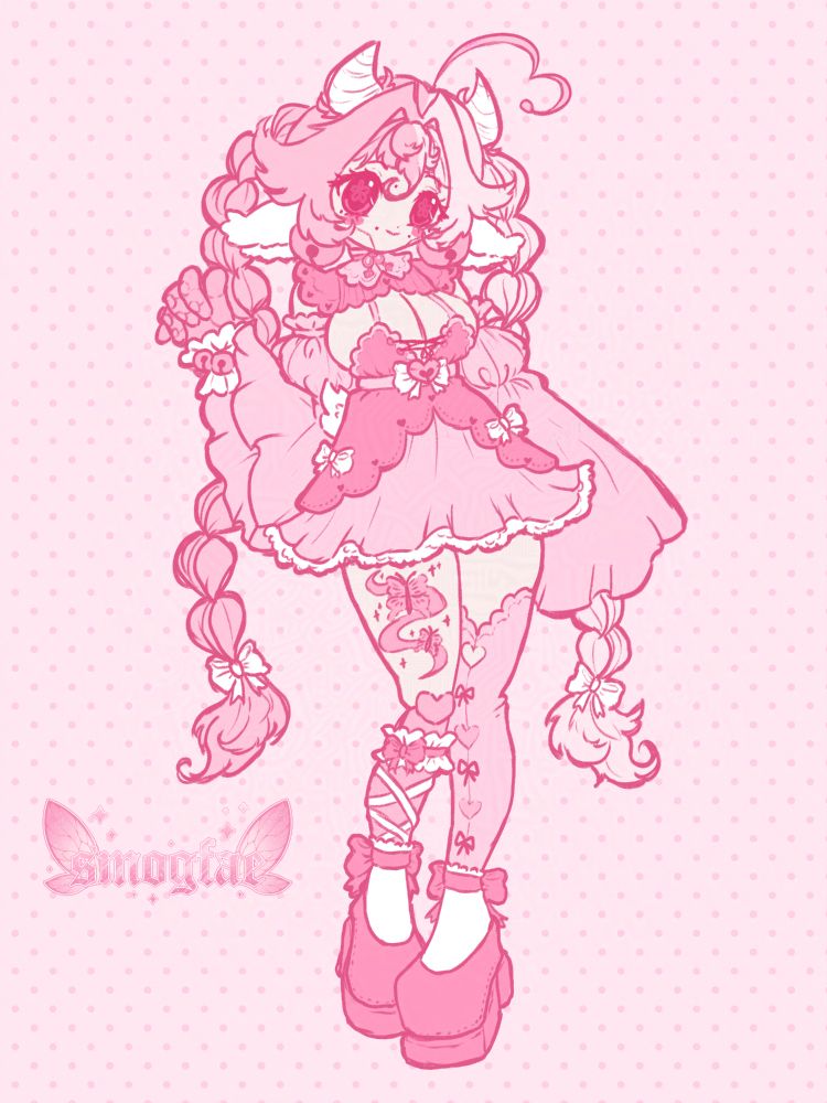 flat color fullbody commission art example; a cute pink character with simple coloring and a plain background