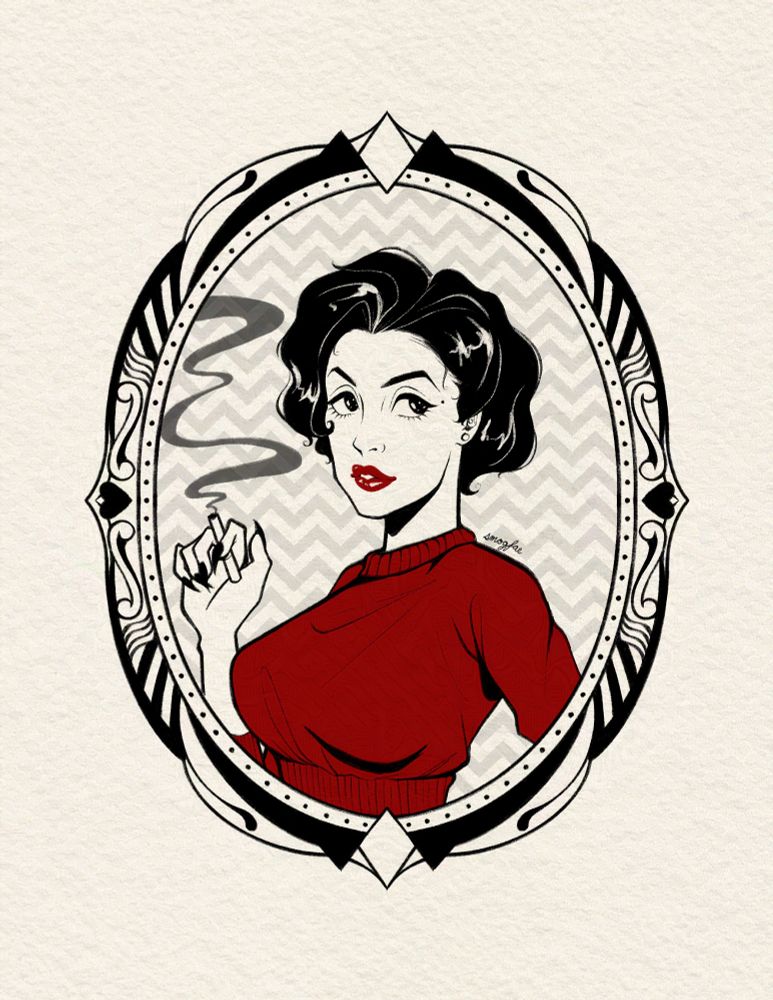 a pinup style illustration of Audrey Horne from Twin Peaks. she is smoking a cigarette and surrounded by an art deco inspired frame with subtle Twin Peaks imagery