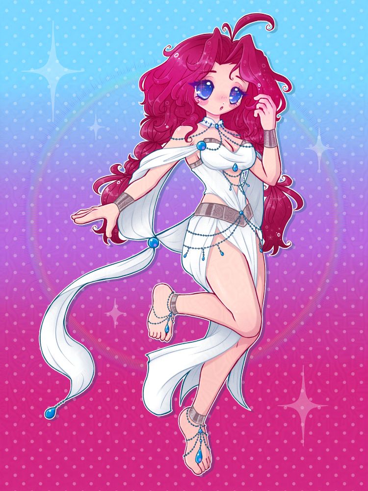 fullbody illustration of singer annapantsu; she is wearing a goddess-inspired custom design outfit with her red hair in braids