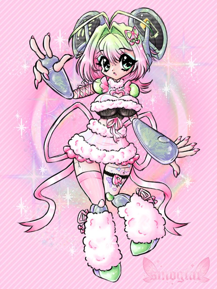 rendered fullbody commission art example; a cute pink character with rendered shading and a simple background