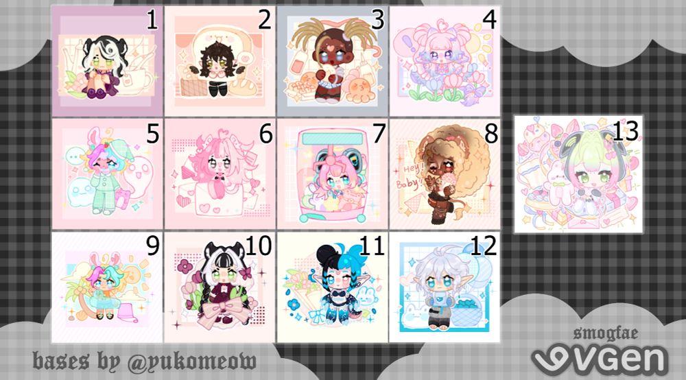 chibi commission art examples; various characters on a variety of chibi bases