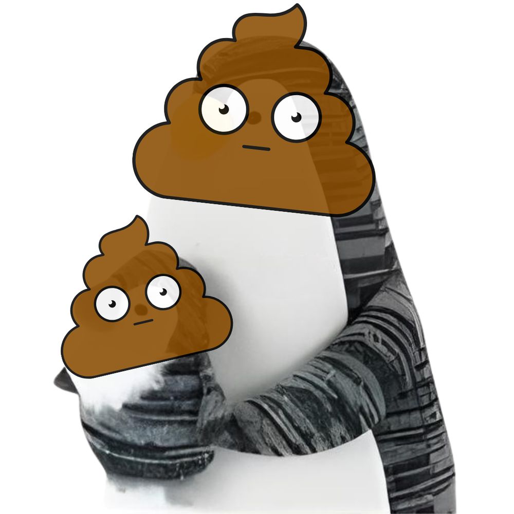 meme do "vengo a empeñar" em que uma mãe pinguim carrega seu nenê. na imagem q compartilho, a cara dos pinguins está coberta por um emoticon de cocô