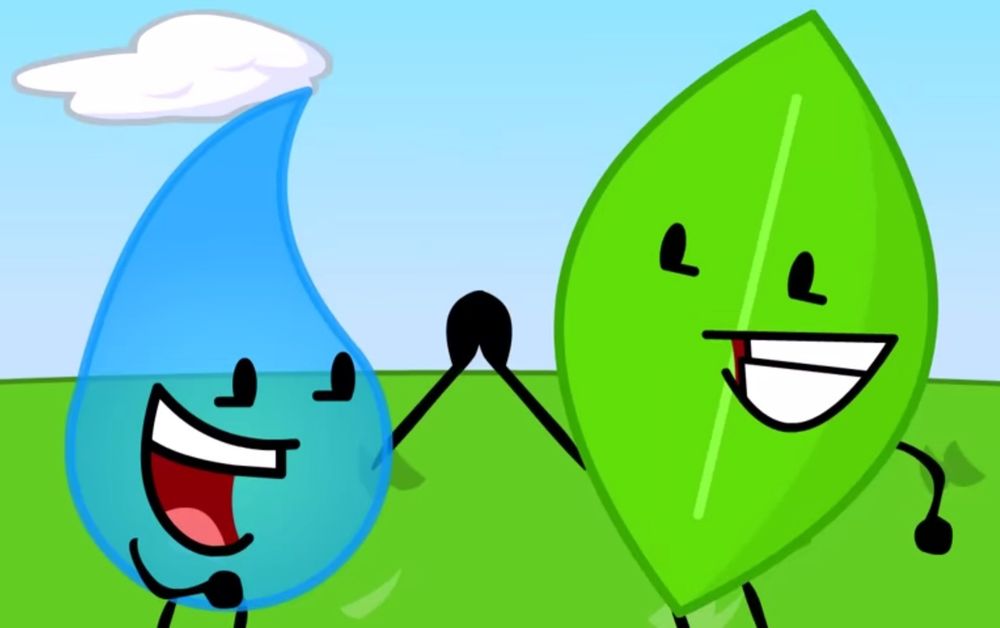 Characters from Battle For Dream Island series "Teardrop" and "Leafy" doing high-five.