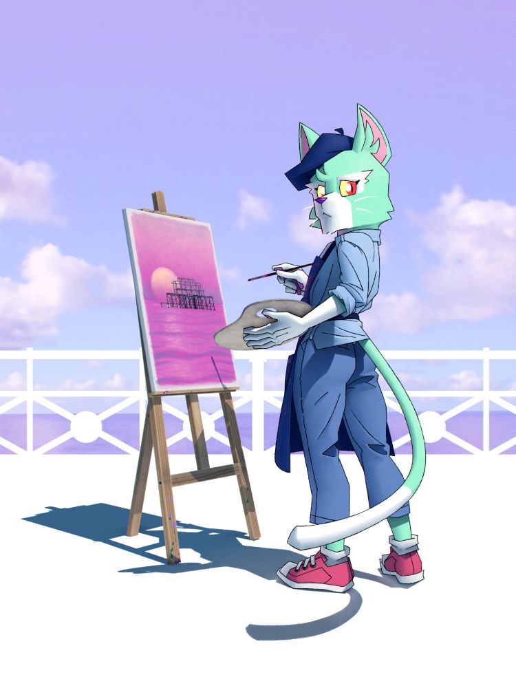 Pincushion the green anthropomorphic cat wearing an artist's beret and apron while painting on a canvas held up on an easel. Pincushion is hand drawn, whereas the objects in the scene are CGI. The painting is of Brighton's West Pier at sunset.