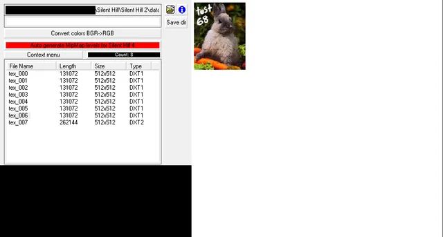 The same texture as before being viewed in perdedork's Silent Hill Texture viewer. it shows a bunny on top of a pile of carrots with the text "test 68" written by hand in the top left corner.