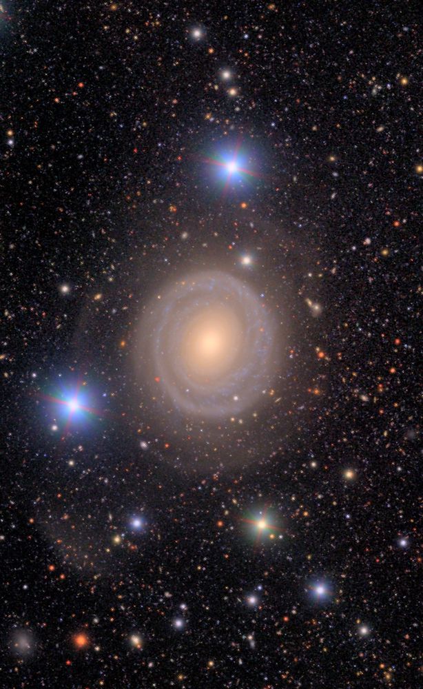 A large face-on galaxy in a cosmic tapestry of glittering galaxy jewels. The galaxy nearly looks like a ring surrounding a bright core. A few bright stars pepper the scene, and the background is filled with the smudges of distant galaxies of various colors against the black of space.
