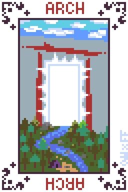 A card depicting a forest with a river running through it lwading to a giant hallway with light in the side of a cliff face. Surrounding the enterence is a red gate. Next to the river is a campsite.
The card has the text "ARCH" in all caps at the top and bottom