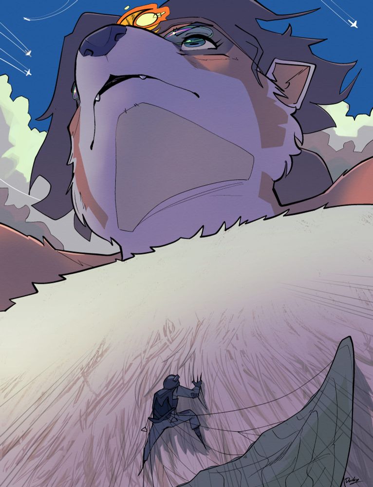 A parachute trooper clinging to the chest hair of a gigantic red panda lady