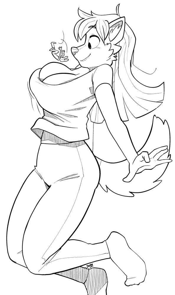 A busty girl hopping to catch a falling tiny mid-air with her bosom