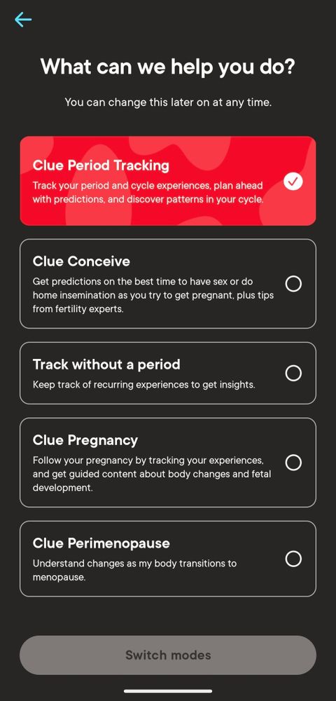 Tracking options offered by Clue Period Tracker