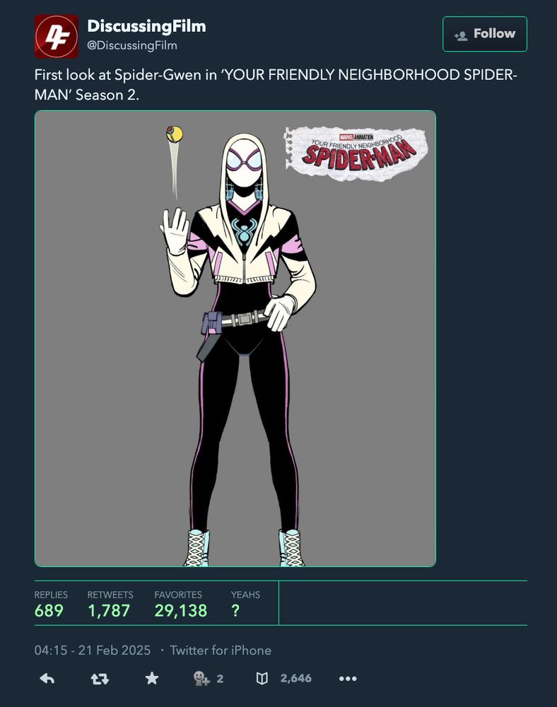 DiscussingFilm twitter post describing a First Look at Spider-Gwen in Season 2 of the Disney + Spider-Man show, as she dons a homemade suit holding a circular bomb