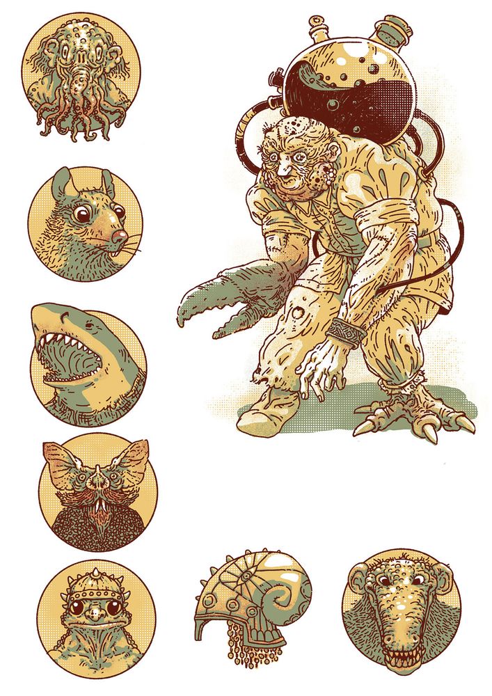 Illustrations of the monsters that inhabit the dungeon: Morelius, his henchmen and a little rat man.
