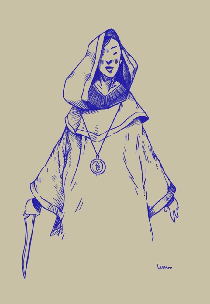 Sketch of a person wearing a robe, a medallion and a long ceremonial knife