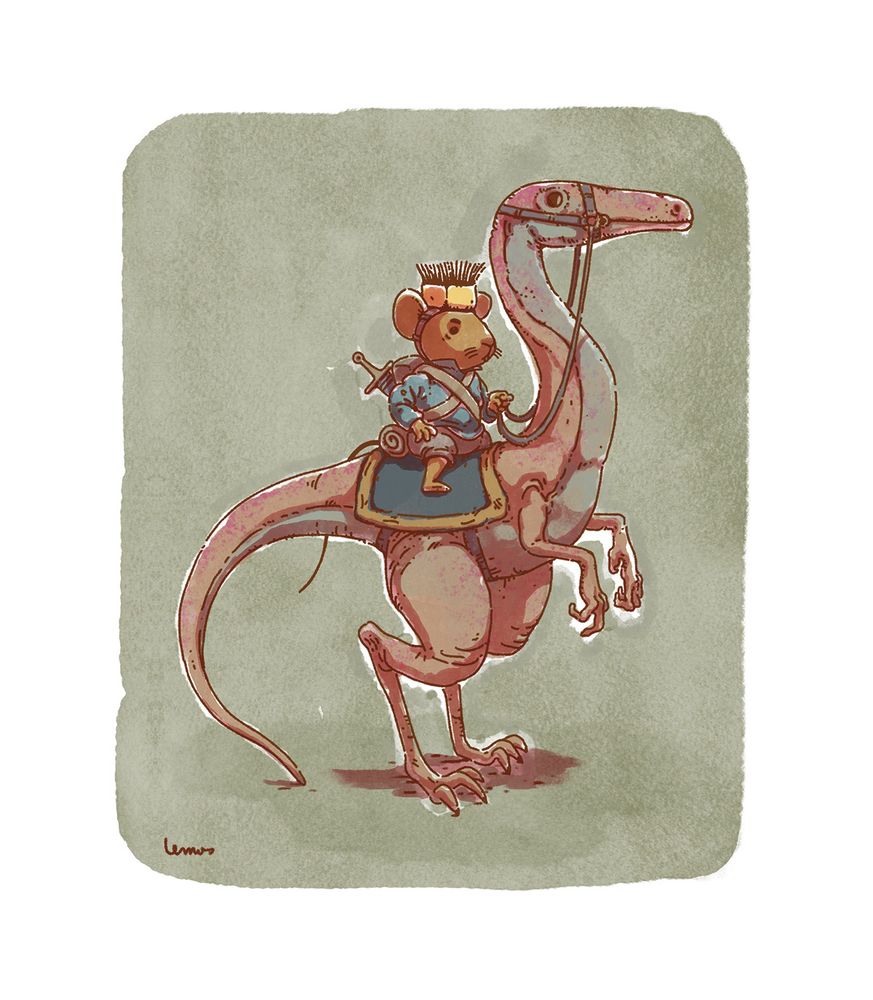 Illustration of a warrior mouse mounting a dinosaur.