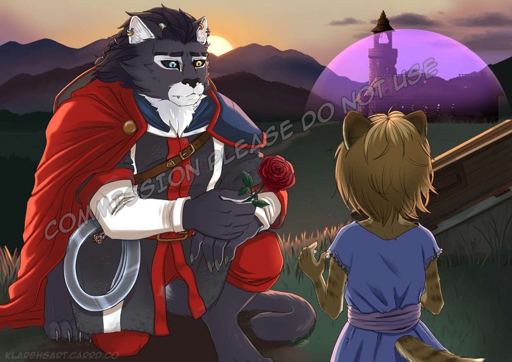 A commission illustration of a dungeon's and dragons scene. Kazari, a catfolk champion, extends a red rose to a small catfolk girl who they found surviving alone.

Behind them is the remains of the town, with a ruined chapel in the distance, covered with a purple magic dome. Only the very top pokes through.

The sun is setting in the distance, casting a soft orange glow on the scene.