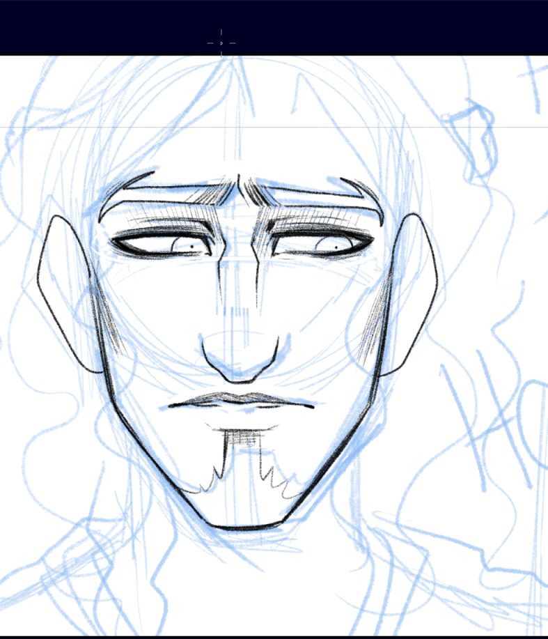 A sketch with some lineart of a man with a somber expression. The sketch layer is in a faded blue, with a black pencil brush beginning the lineart. Only the face, jaw, and outline of the ears have been lined.

The character is Ozul, from the graphic novel, Beyond the Stillwall, using his human illusion appearance.