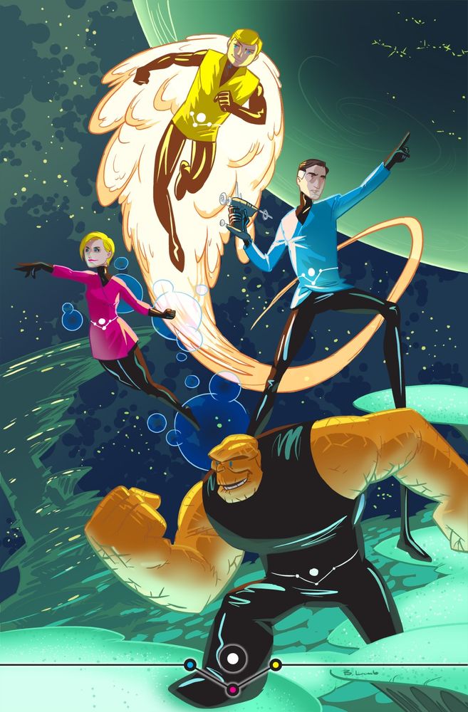 A loose, slightly cartoonish rendering of the Fantastic Four. They all have a shiny black undersuit with only the head exposed (except the Thing, whose rocky arms are fully exposed), and a little belt made of light with three little connected dots and a big one as a "buckle". Reed has a cyan labcoat type thing, Sue has a magenta ST:TOS type skirt tunic, Johnny has a yellow onesie with no sleeves or legs and a popped collar. They're on some kind of glowing green mushroom moon with a big planet and Kirby cosmos behind them.