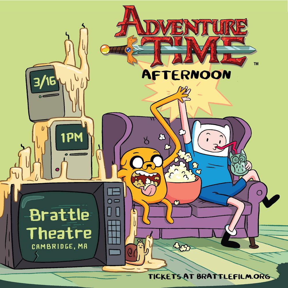 Illustrated poster art with the same info in the bsk. Finn and Jake on a couch, eating popcorn, giving each other high five. Finn's drinking from an owl-shaped cup. In the foreground, an old TV and computers with melted candles all over them and a waving snail.