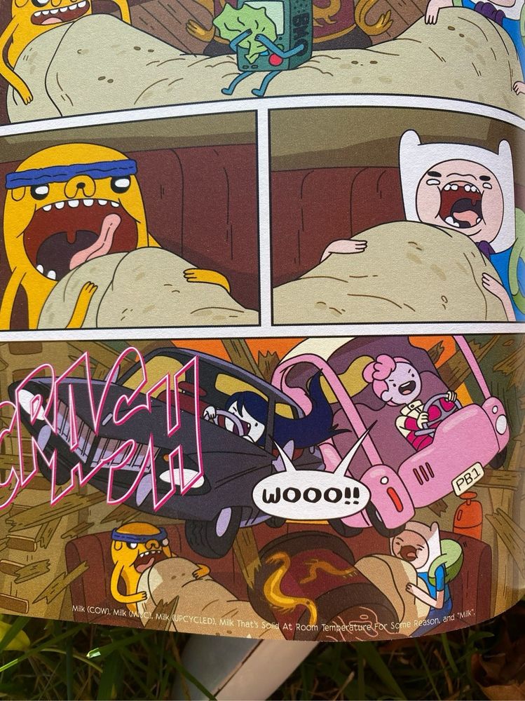 Two silent panels of Jake and finn about to chorf down on either end of a car-sized burrito. Then a panel of Bubblegum and Marceline crashing their cars into the scene.