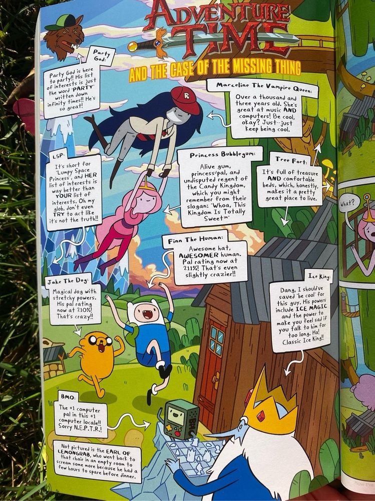 An interior page with clever character introductions of the main cast plus Party God because he rules
