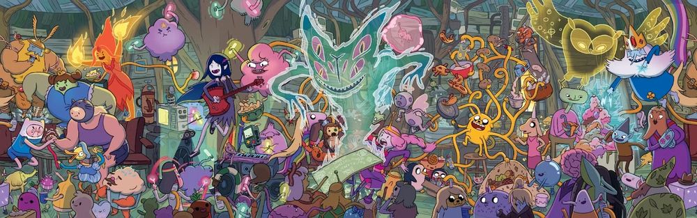 A very wide illustration full of Adventure Time characters. It's a panorama of the inside of the tree fort with a party happening all around. Featuring Finn arm wrestling Susan Strong, Marcelline playing bass, princesses accidentally summoning a demon, Jake preparing food with ten wiggly arms, and Ice King creating some ice cream.