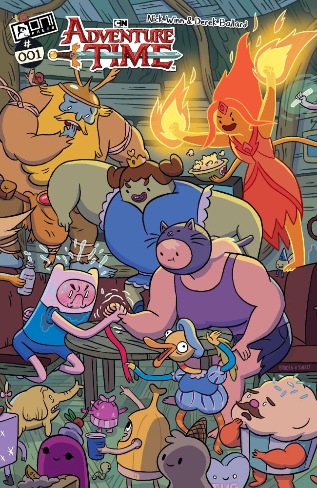 Cartoon style comic cover. It's a glimpse of a party inside a treehouse. Finn, a human boy with a bear hat, struggles mightily in an arm wrestling match with Susan Strong, a huge, muscular human girl in a cat hat. Other girls cheer her on, and candy people enjoy the entertainment.