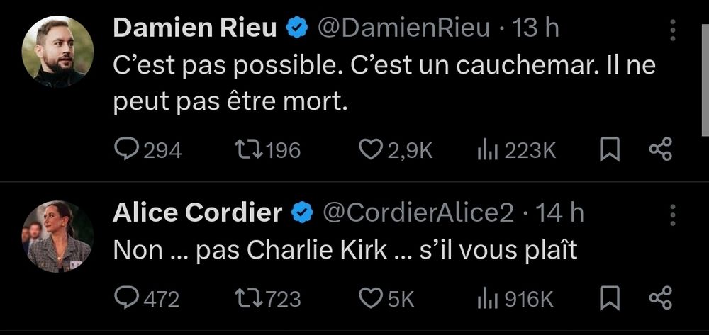Screenshot de twitter :
Damien Rieu : "c'est pas possible. C'est un cauchemar. Il ne peut pas être mort."
Alice cordier : "non... Pas charlie Kirk...s'il vous plaît"