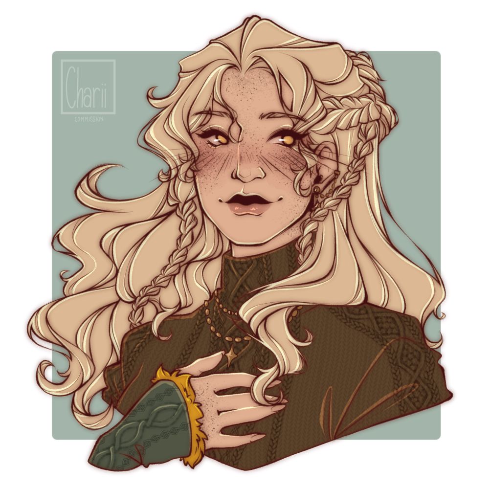 Human girl with golden eyes and hair stares off to the side lovingly. She holds a hand to her chest.