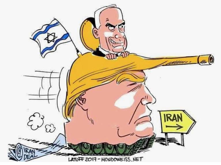 The cartoon depict Trump as a tank being driven by Netanyahu towards Iran. War criminal Netanyahu is seen with a grin standing out of the top of Trump’s hair, through a tank hatch. The Israeli flag flies on top of Trump’s head and he has just run over and crushed a copy of the Iran Nuclear Deal. The whole cartoon suggests felon Trump is steered entirely by Netanyahu.