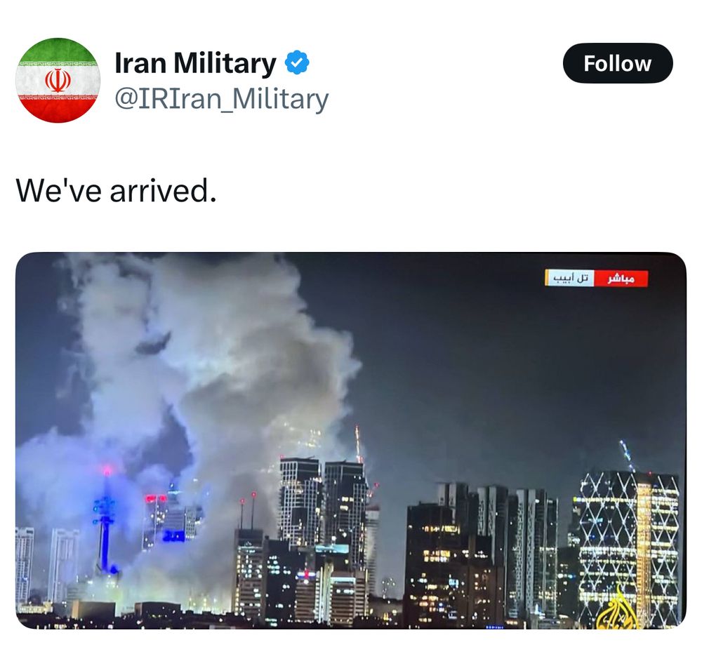 A post by the Iran Military account which shows the skyline of Tel Aviv in Israel with plumes of smoke rising from Iranian ballistic missile hits.