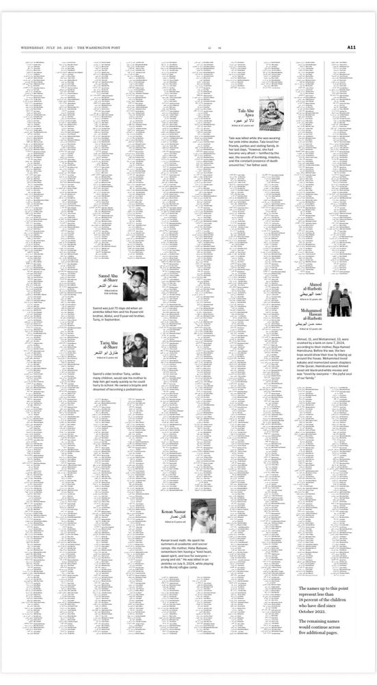Thousands of small print names interspersed with some photos of some of the child victims