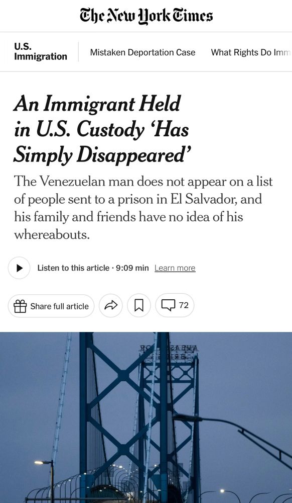 A screenshot of the New York Times article. It reads: An Immigrant Held in U.S. Custody 'Has Simply Disappeared' The Venezuelan man does not appear on a list of people sent to a prison in El Salvador, and his family and friends have no idea of his whereabouts.