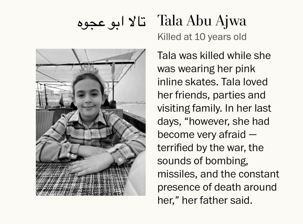 Tala Abu Ajwa is pictured 
Killed at 10 years old
Tala was killed while she was wearing her pink inline skates. Tala loved her friends, parties and visiting family. In her last days, "however, she had become very afraid - terrified by the war, the sounds of bombing, missiles, and the constant presence of death around her," her father said.
