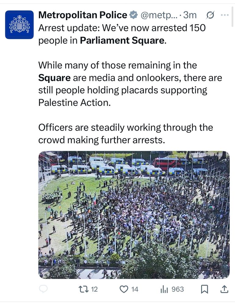 A post on X by the Met Police in London, accompanied by a photo of protestors on Parliament Sq. The post says:

Arrest update: We’ve now arrested 150 people in Parliament Square.

While many of those remaining in the Square are media and onlookers, there are still people holding placards supporting Palestine Action. 

Officers are steadily working through the crowd making further arrests.

