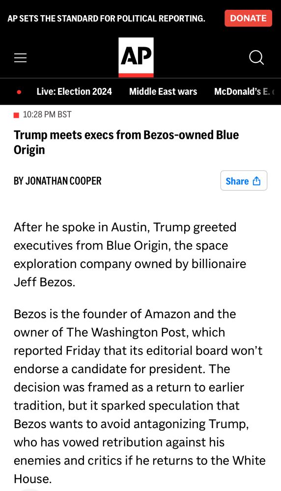 Trump meets execs from Bezos-owned Blue Origin
BY JONATHAN COOPER
After he spoke in Austin, Trump greeted executives from Blue Origin, the space exploration company owned by billionaire Jeff Bezos.

Bezos is the founder of Amazon and the owner of The Washington Post, which reported Friday that its editorial board won’t endorse a candidate for president. The decision was framed as a return to earlier tradition, but it sparked speculation that Bezos wants to avoid antagonizing Trump, who has vowed retribution against his enemies and critics if he returns to the White House.