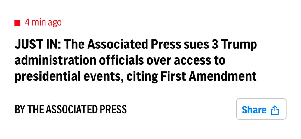 A live update on the AP website which reads:

4 min ago
JUST IN: The Associated Press sues 3 Trump administration officials over access to presidential events, citing First Amendment

BY THE ASSOCIATED PRESS