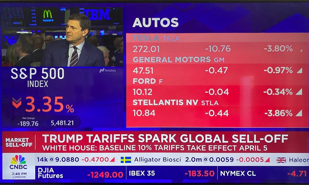 A screenshot of CNBC showing S&P500 down 3.35%. Motor companies are showing as all down, including Tesla down nearly 4% (ha ha!)