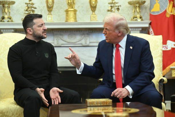 A photo taken during the row in the Oval Office. Zelenskyy h his palms laid out whilst Trump berates him and points at him