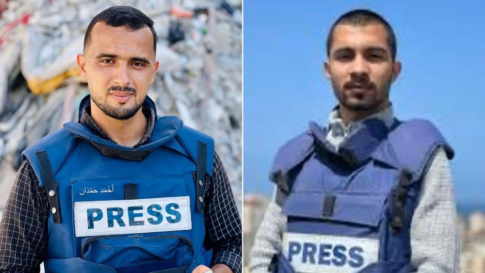 Undated photos of Al Jazeera staffers Ismail Al-Ghoul and Rami Al-Rifi in their press vests,  both killed by Israeli forces.