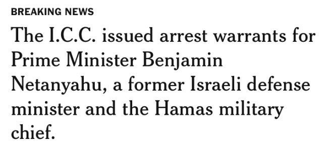 NYT headline which reads: The ICC issues arrest warrants for Prime Minister Benjamin Natanyahu, a former Israeli Defense minister and the Hamas military chief.

There should be a comma after Defense Minister to make it a list of three people. It has no Oxford comma before the and so it reads as though Netanyahu is both a former Israeli Defense Minister and the Hamas military chief.