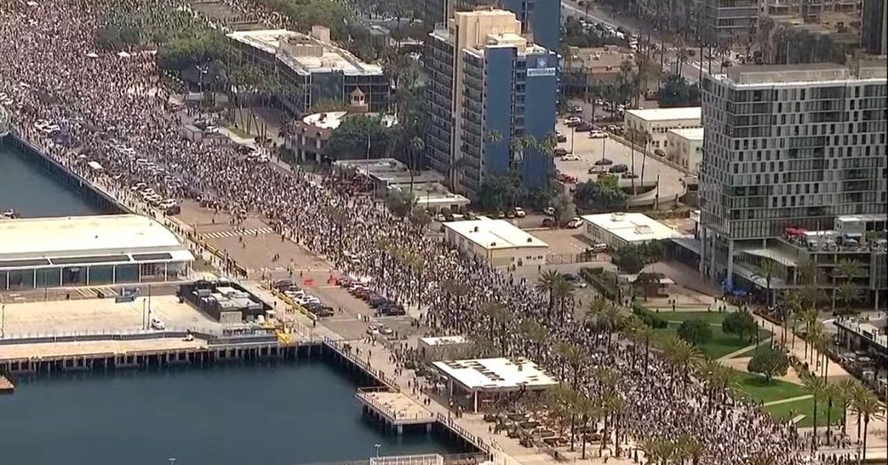 Overhead shot showing thousands filling the streets by the water’s edge, stretching as far as you can see. Photo credit to Scott Dworking