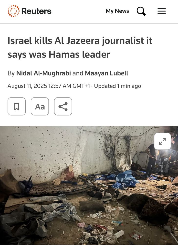 The headline reads:

Israel kills Al Jazeera journalist it says was Hamas leader
