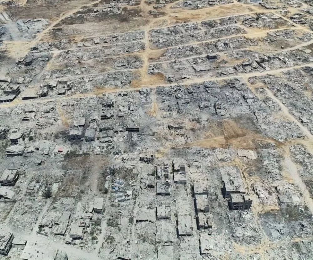 The city of Beit Hanoun in the north east edge of Gaza is seen from above. It is completely destroyed, not a single building is standing. It is all rubble, as though the aftermath of a nuclear explosion. The city had a population of 52,000