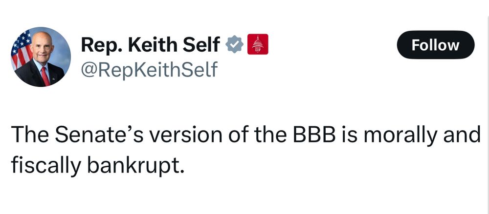 A post by Rep. Keith Self which says:

The Senate’s version of the BBB is morally and fiscally bankrupt.