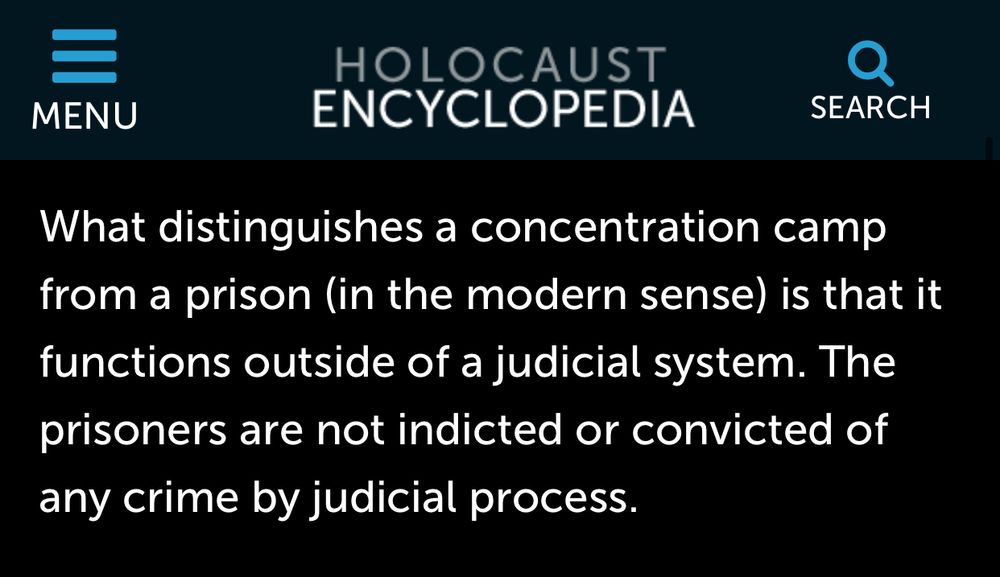 What distinguishes a concentration camp from a prison (in the modern sense) is that it functions outside of a judicial system. The prisoners are not indicted or convicted of any crime by judicial process.